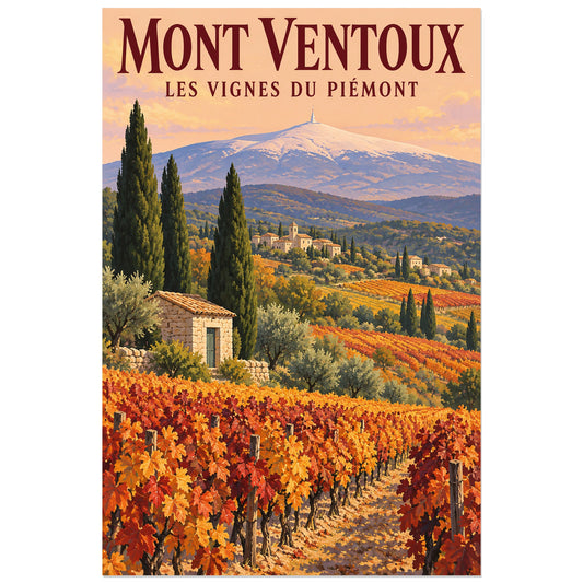 Affiche Mont Ventoux Vignes du piémont, illustration peinte / affiche de voyage rétro verticale, format 30 × 45 cm