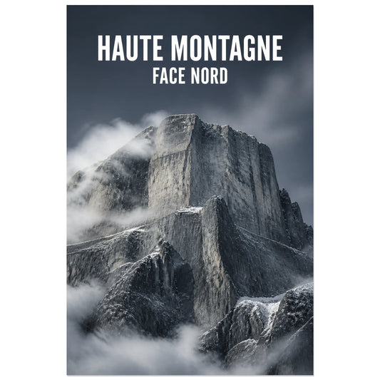 Affiche Haute montagne – Face nord, photographie de montagne dramatique en monochromie froide verticale, format 30 × 45 cm