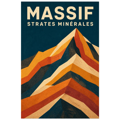 Affiche Massif – Strates minérales, illustration géométrique rétro à texture sérigraphiée verticale, format 30 × 45 cm