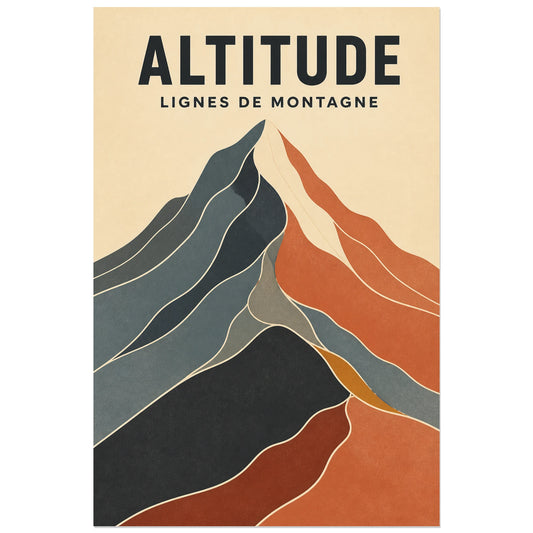 Affiche Altitude – Lignes de montagne, illustration minimaliste géométrique à texture sérigraphiée verticale, format 30 × 45 cm