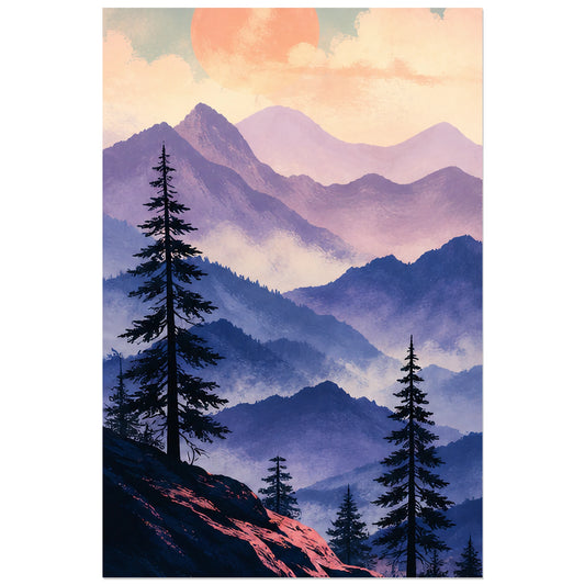 Montagnes brumeuses et disque pêche, affiche 30 × 45 cm