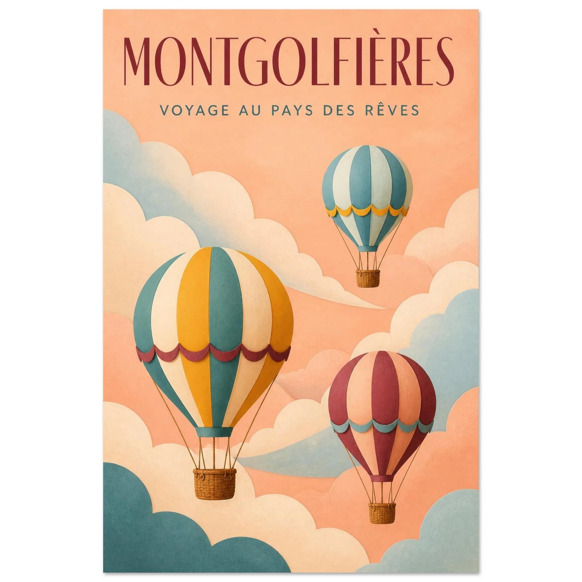 Affiche Montgolfières – Voyage au Pays des Rêves, papier découpé et gouache verticale, format 30 × 45 cm
