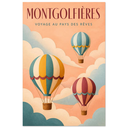 Affiche Montgolfières – Voyage au Pays des Rêves, papier découpé et gouache verticale, format 30 × 45 cm