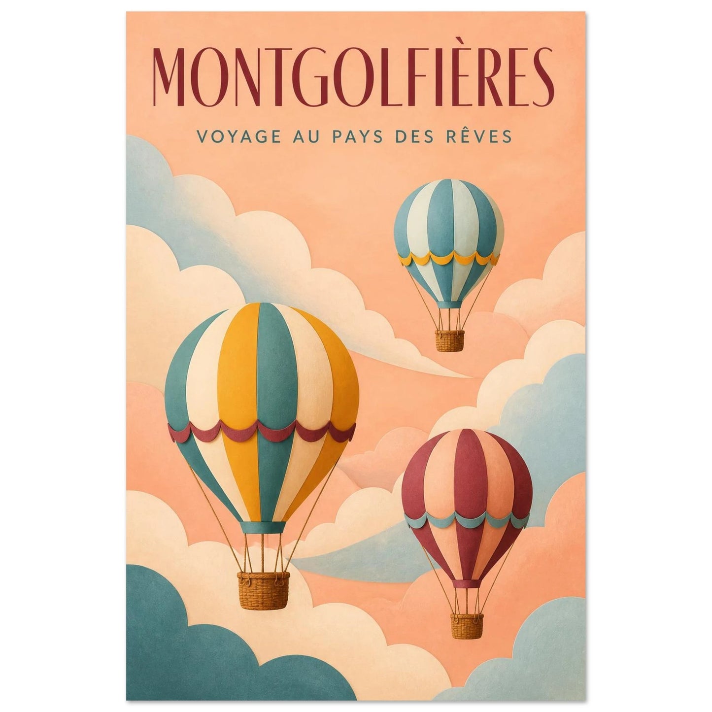 Affiche Montgolfières – Voyage au Pays des Rêves, papier découpé et gouache verticale, format 40 × 60 cm