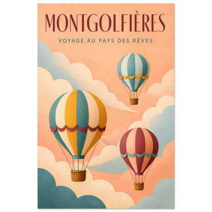 Affiche Montgolfières – Voyage au Pays des Rêves, papier découpé et gouache verticale, format 40 × 60 cm