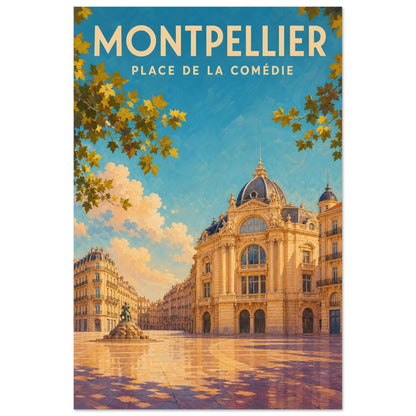 Affiche Montpellier – Place de la Comédie, illustration verticale gouache éditoriale, format 30 × 45 cm