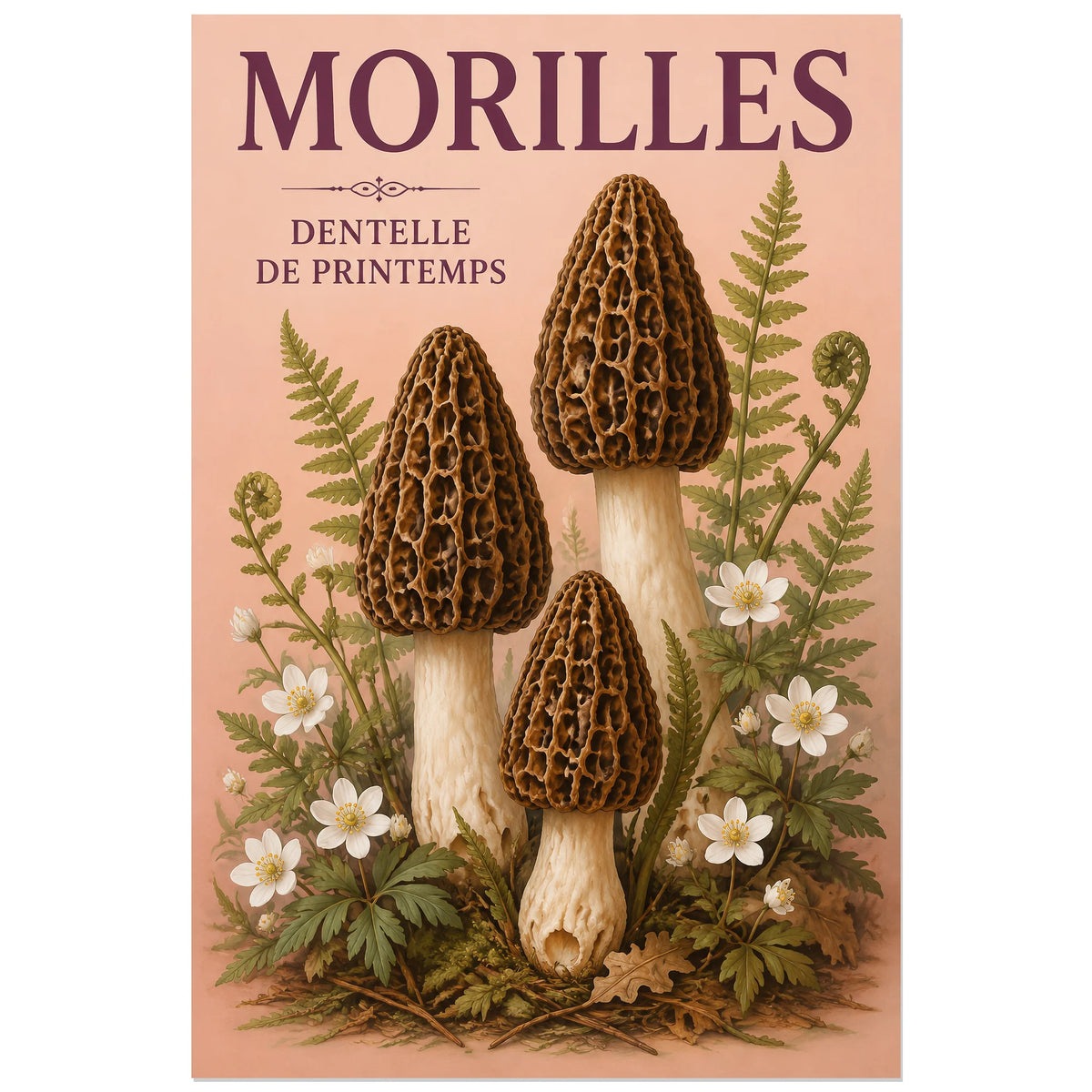 Affiche Morilles – Dentelle de printemps, planche naturaliste / affiche vintage verticale, format 60 × 90 cm