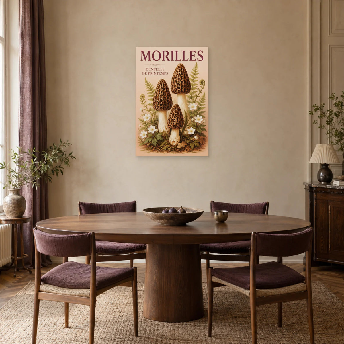 Affiche Morilles – Dentelle de printemps dans une salle à manger - Art Virtuoso