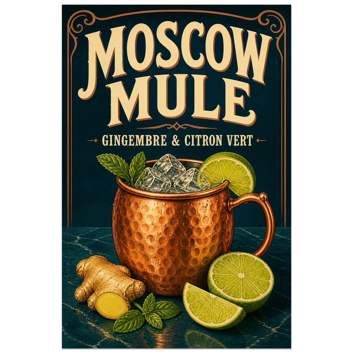 Affiche Moscow mule, gingembre citron vert, illustration de cocktail rétro avec reflets cuivrés détaillés verticale, format 40 × 60 cm