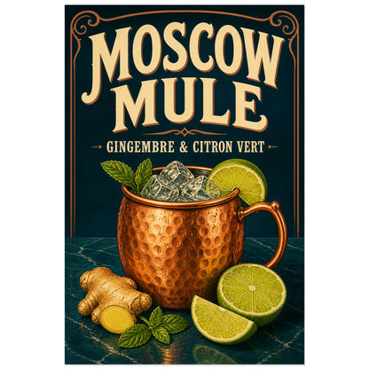 Affiche Moscow mule, gingembre citron vert, illustration de cocktail rétro avec reflets cuivrés détaillés verticale, format 40 × 60 cm