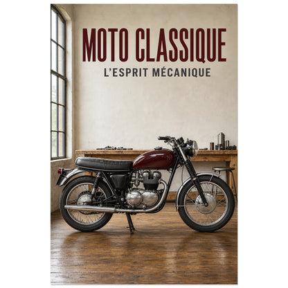 Affiche Moto classique – L'esprit mécanique, photographie réaliste de moto classique dans un atelier artisanal verticale, format 60 × 90 cm