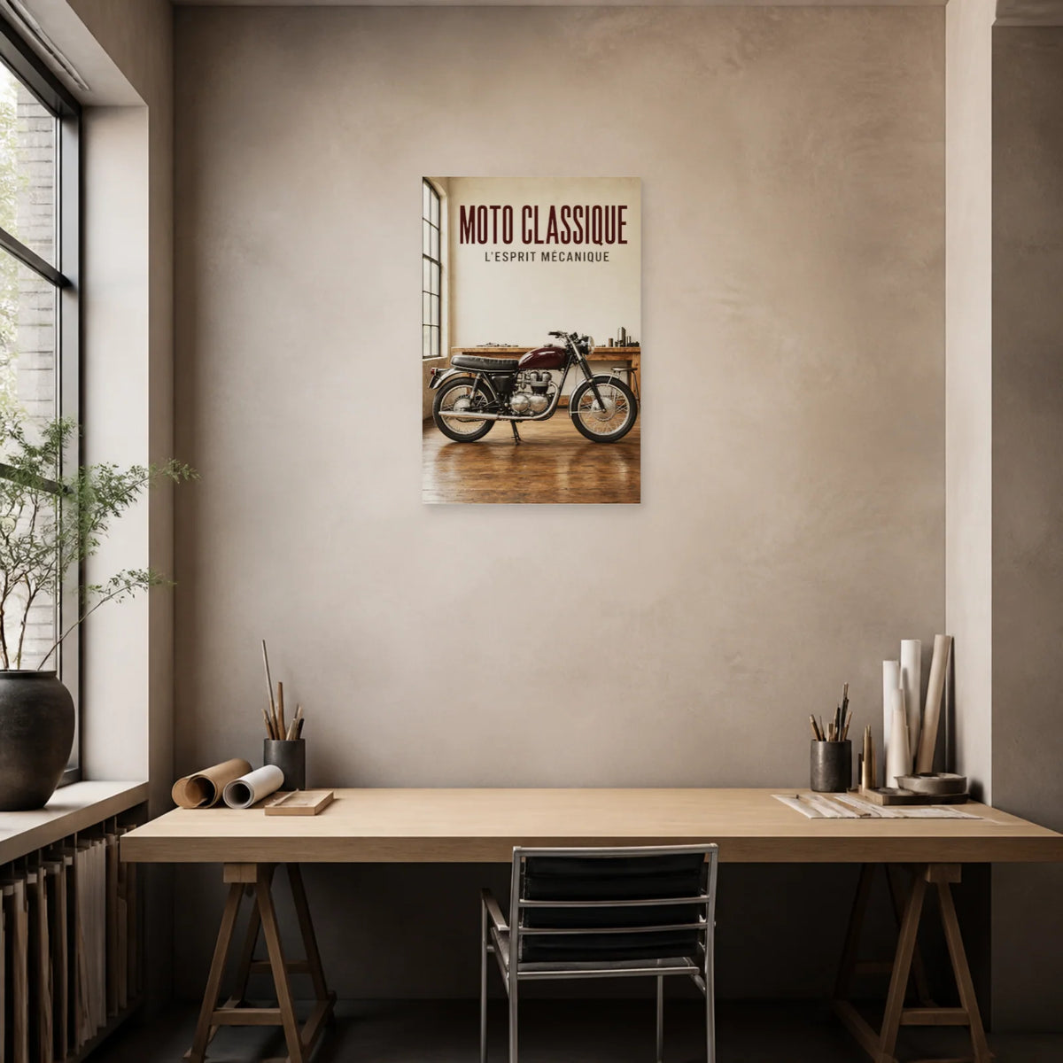 Affiche Moto ancienne – L’esprit mécanique dans un bureau - Art Virtuoso