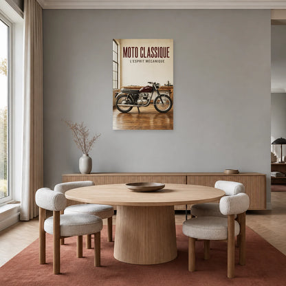 Affiche Moto ancienne – L’esprit mécanique dans une salle à manger - Art Virtuoso