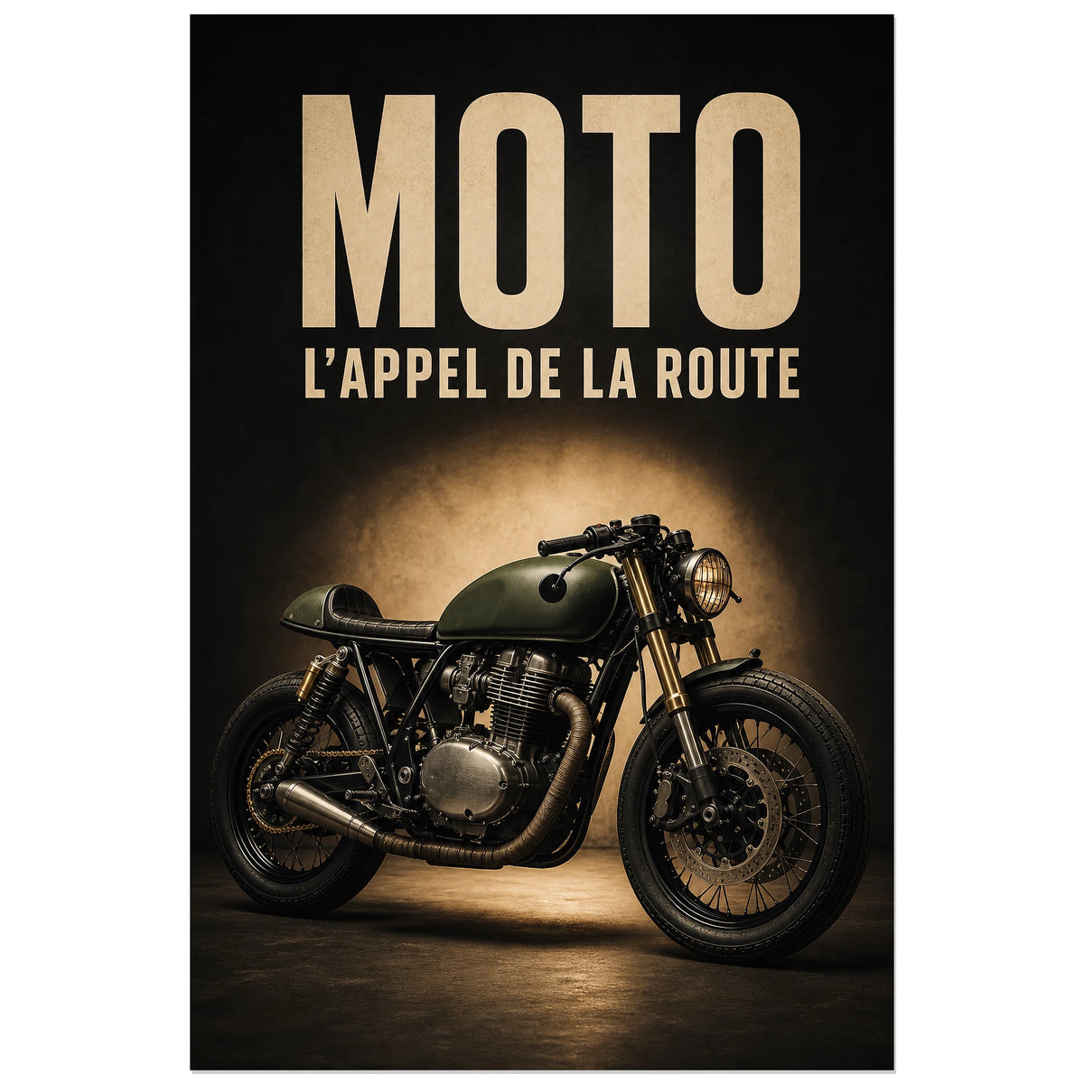 Affiche Moto – L'appel de la route, photographie publicitaire réaliste de moto à ambiance rétro verticale, format 30 × 45 cm