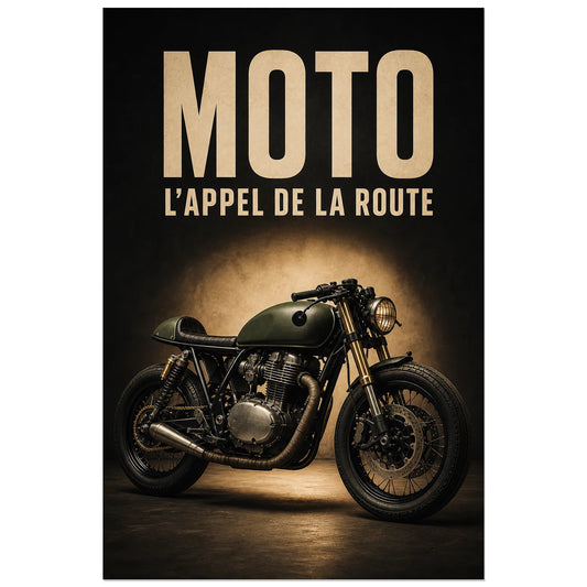 Affiche Moto – L'appel de la route, photographie publicitaire réaliste de moto à ambiance rétro verticale, format 30 × 45 cm