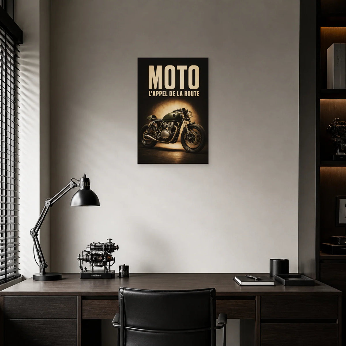 Affiche Moto vintage – L’appel de la route dans un bureau - Art Virtuoso