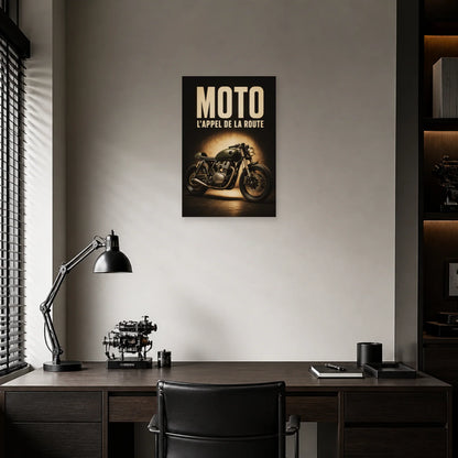 Affiche Moto vintage – L’appel de la route dans un bureau - Art Virtuoso