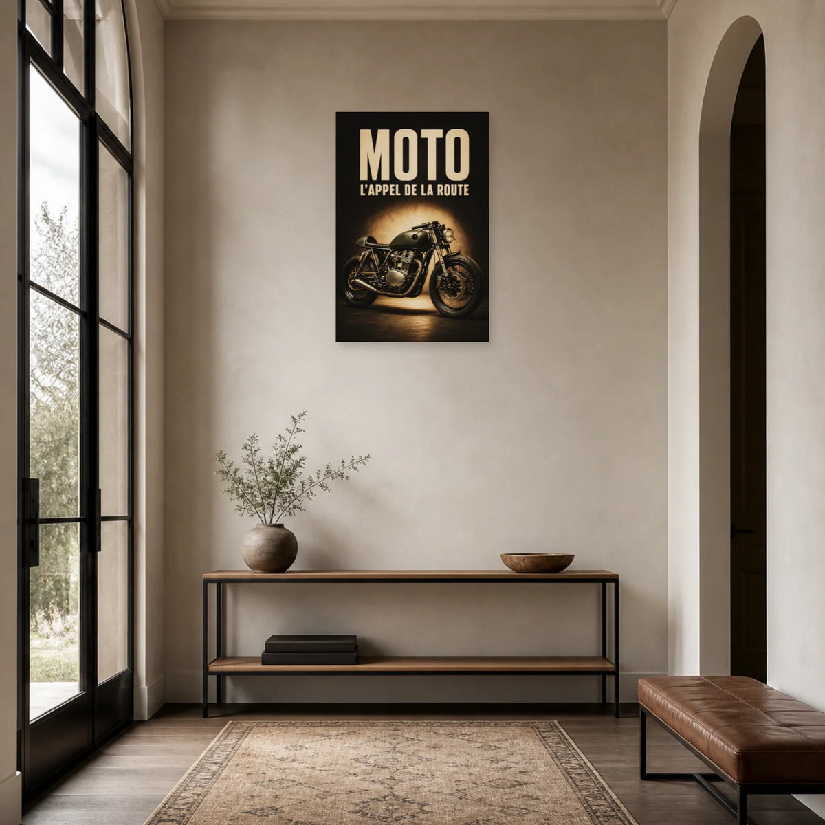 Affiche Moto vintage – L’appel de la route dans une entrée ou un couloir - Art Virtuoso