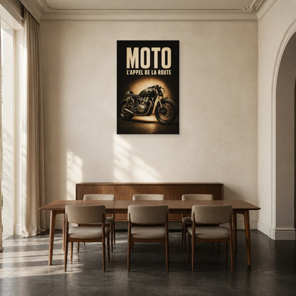 Affiche Moto vintage – L’appel de la route dans une salle à manger - Art Virtuoso