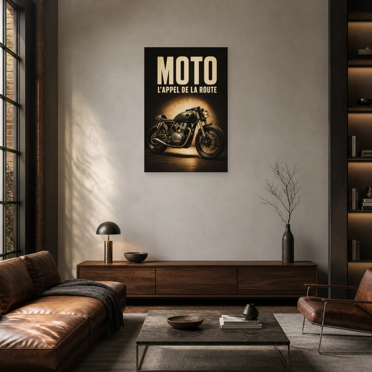 Affiche Moto vintage – L’appel de la route dans un salon - Art Virtuoso