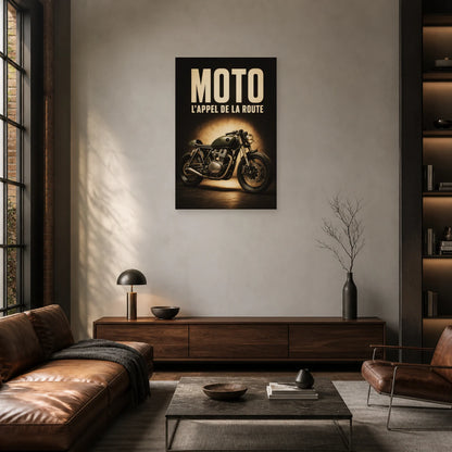 Affiche Moto vintage – L’appel de la route dans un salon - Art Virtuoso