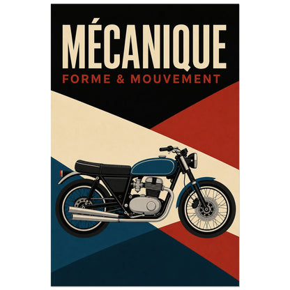 Affiche Mécanique – Forme et mouvement, illustration publicitaire géométrique de moto aux aplats nets verticale, format 60 × 90 cm