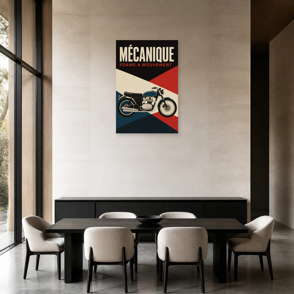 Affiche Moto graphique – Mécanique dans une salle à manger - Art Virtuoso