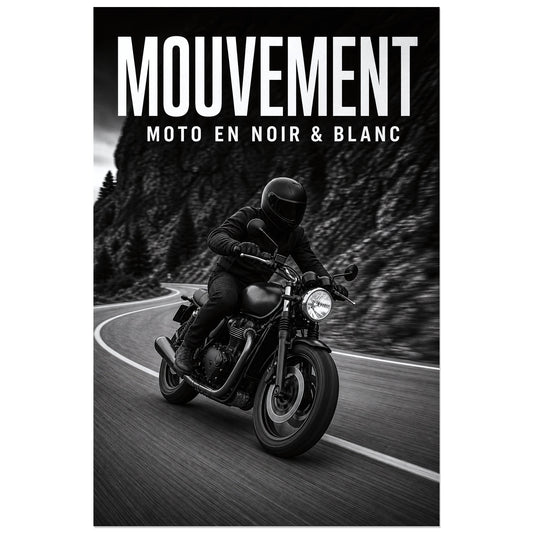 Affiche Mouvement – Moto en noir et blanc, photographie d'action noir et blanc à filé directionnel contrôlé verticale, format 30 × 45 cm