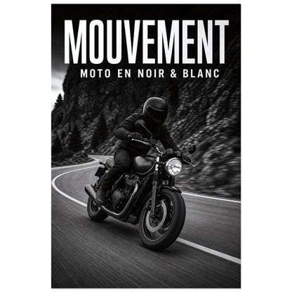 Affiche Mouvement – Moto en noir et blanc, photographie d'action noir et blanc à filé directionnel contrôlé verticale, format 60 × 90 cm