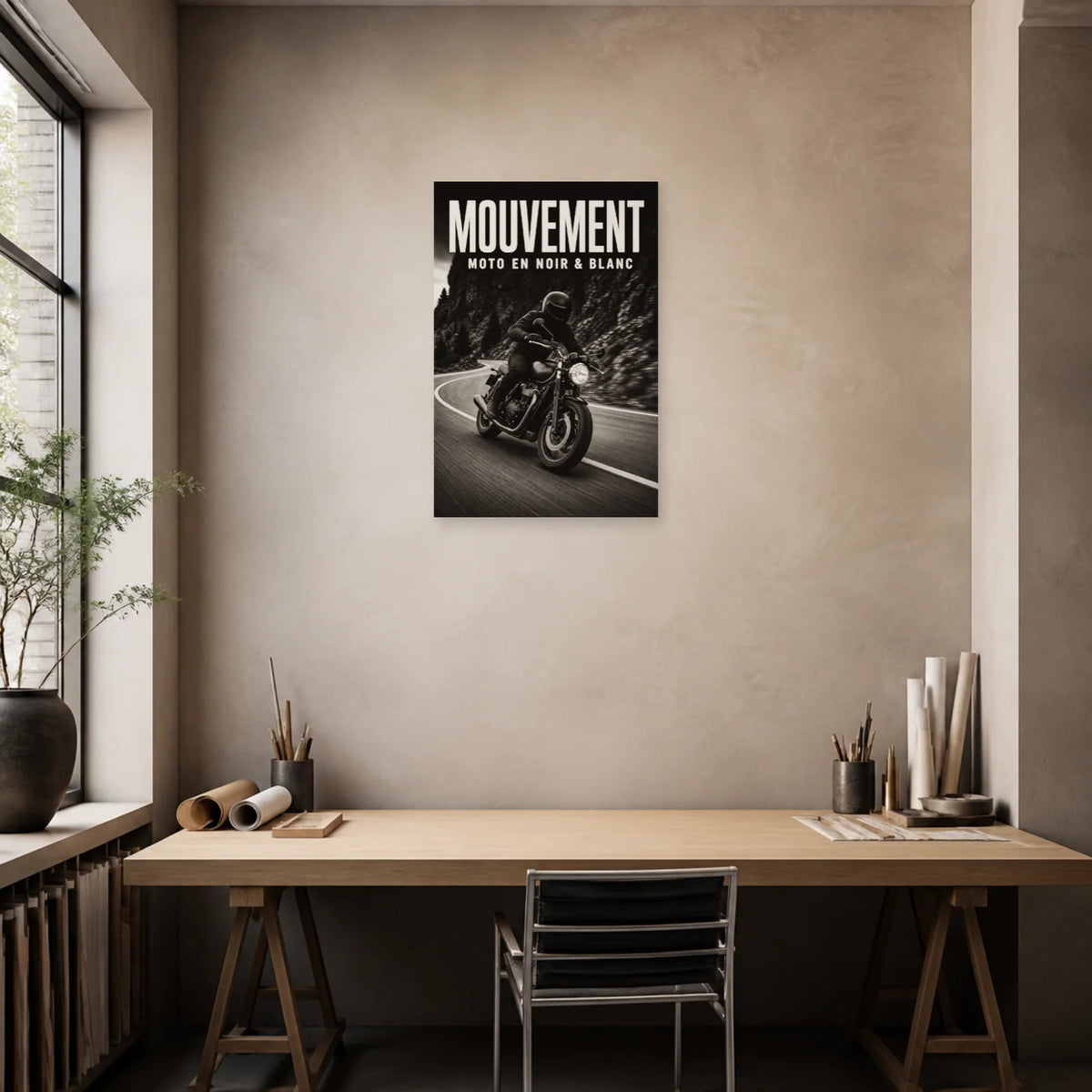 Affiche Moto noir et blanc – Mouvement dans un bureau - Art Virtuoso