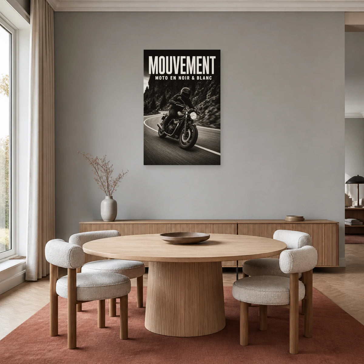 Affiche Moto noir et blanc – Mouvement dans une salle à manger - Art Virtuoso