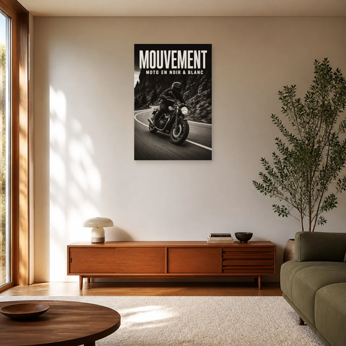 Affiche Moto noir et blanc – Mouvement dans un salon - Art Virtuoso