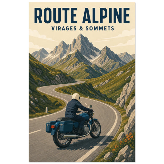 Affiche Route alpine – Virages et sommets, illustration rétro de voyage à moto dans les alpes verticale, format 30 × 45 cm