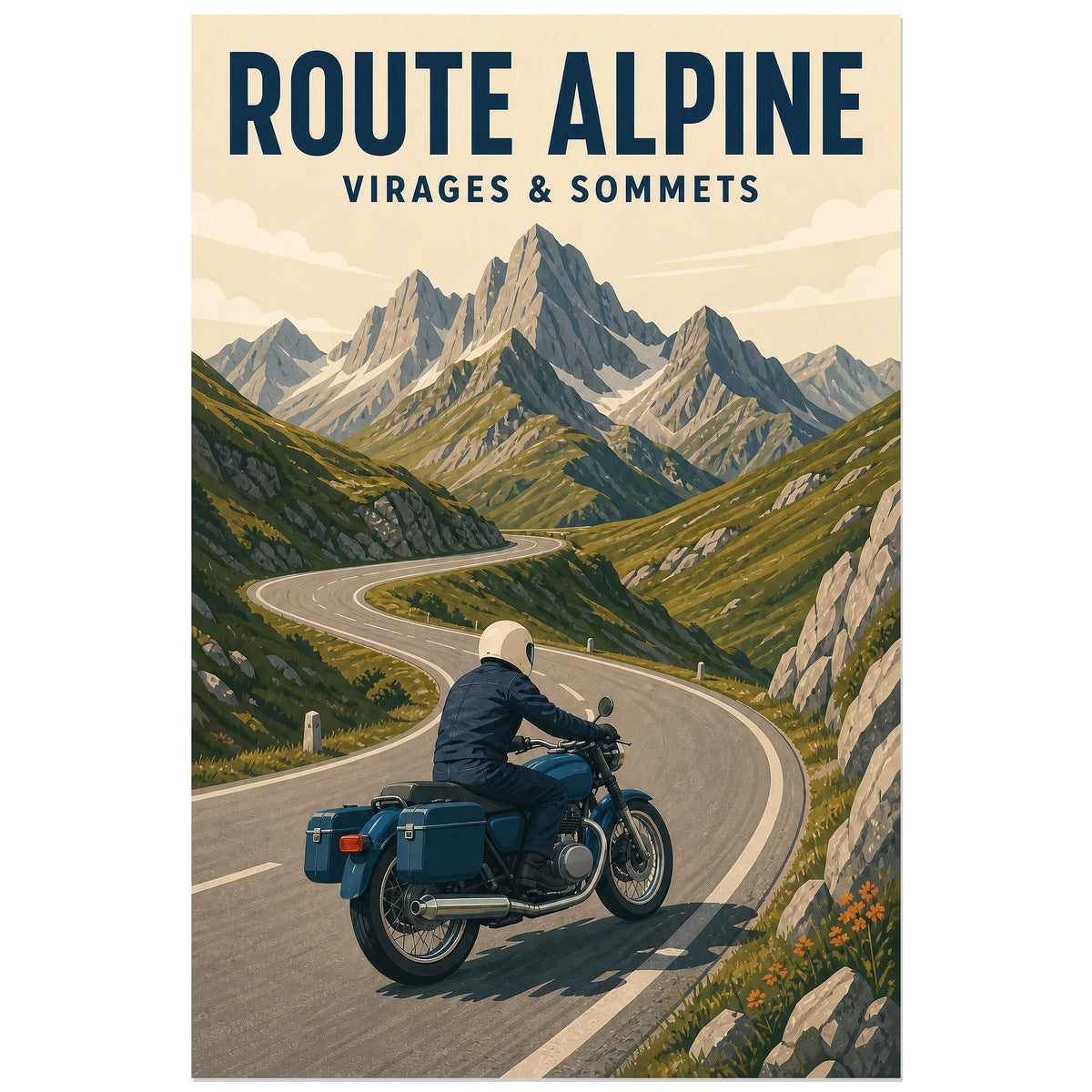 Affiche Route alpine – Virages et sommets, illustration rétro de voyage à moto dans les alpes verticale, format 40 × 60 cm