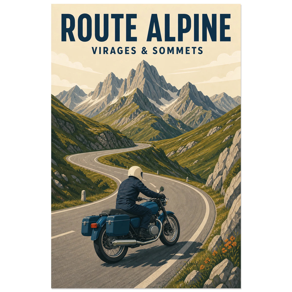 Affiche Route alpine – Virages et sommets, illustration rétro de voyage à moto dans les alpes verticale, format 60 × 90 cm