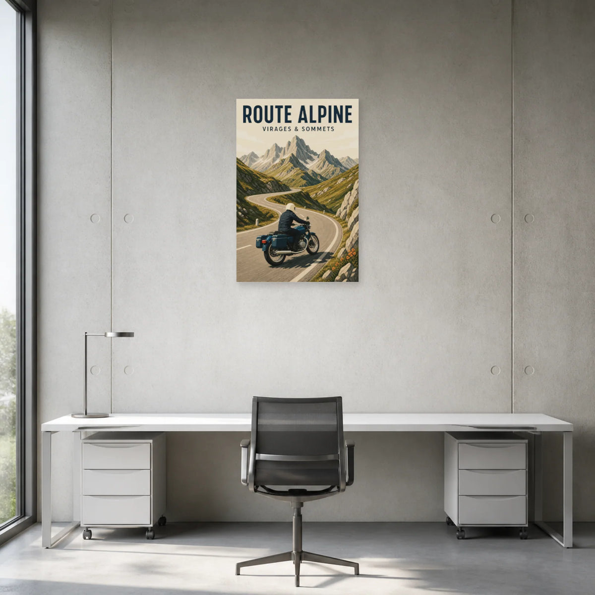 Affiche Moto montagne – Route alpine dans un bureau - Art Virtuoso