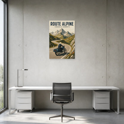 Affiche Moto montagne – Route alpine dans un bureau - Art Virtuoso
