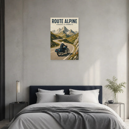 Affiche Moto montagne – Route alpine dans une chambre - Art Virtuoso