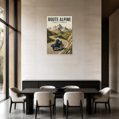 Affiche Moto montagne – Route alpine dans une salle à manger - Art Virtuoso
