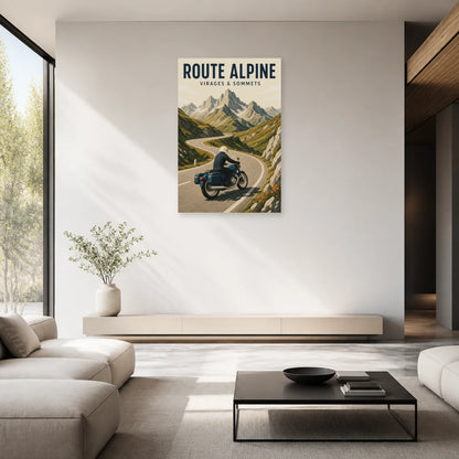 Affiche Moto montagne – Route alpine dans un salon - Art Virtuoso