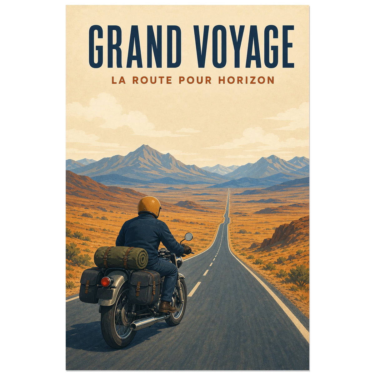 Affiche Grand voyage – La route pour horizon, illustration rétro de voyage à moto dans les grands espaces verticale, format 30 × 45 cm