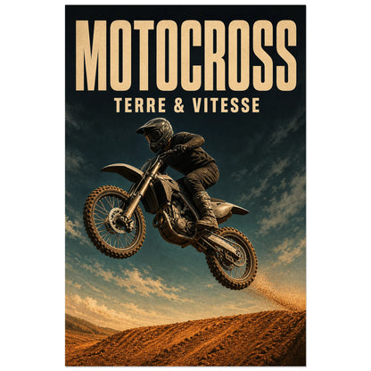 Affiche Motocross – Terre et vitesse, illustration sportive dynamique inspirée de la sérigraphie verticale, format 30 × 45 cm