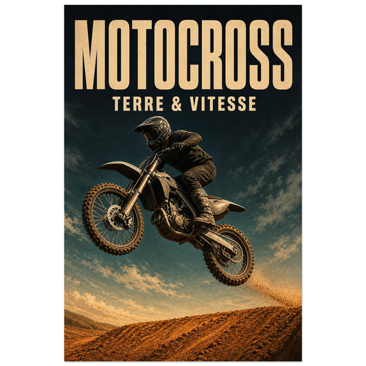 Affiche Motocross – Terre et vitesse, illustration sportive dynamique inspirée de la sérigraphie verticale, format 30 × 45 cm