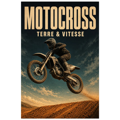 Affiche Motocross – Terre et vitesse, illustration sportive dynamique inspirée de la sérigraphie verticale, format 60 × 90 cm