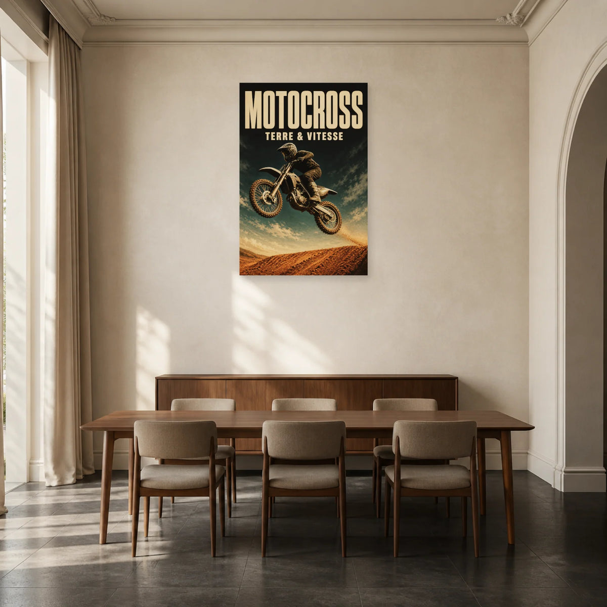 Affiche Motocross – Terre et vitesse dans une salle à manger - Art Virtuoso