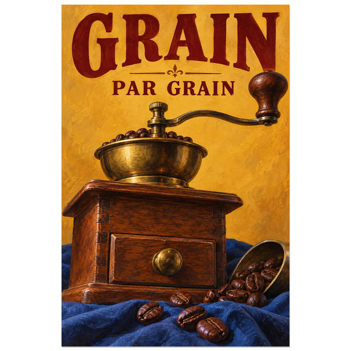 Affiche Grain par grain avec moulin manuel et tissu bleu indigo, 40 × 60 cm