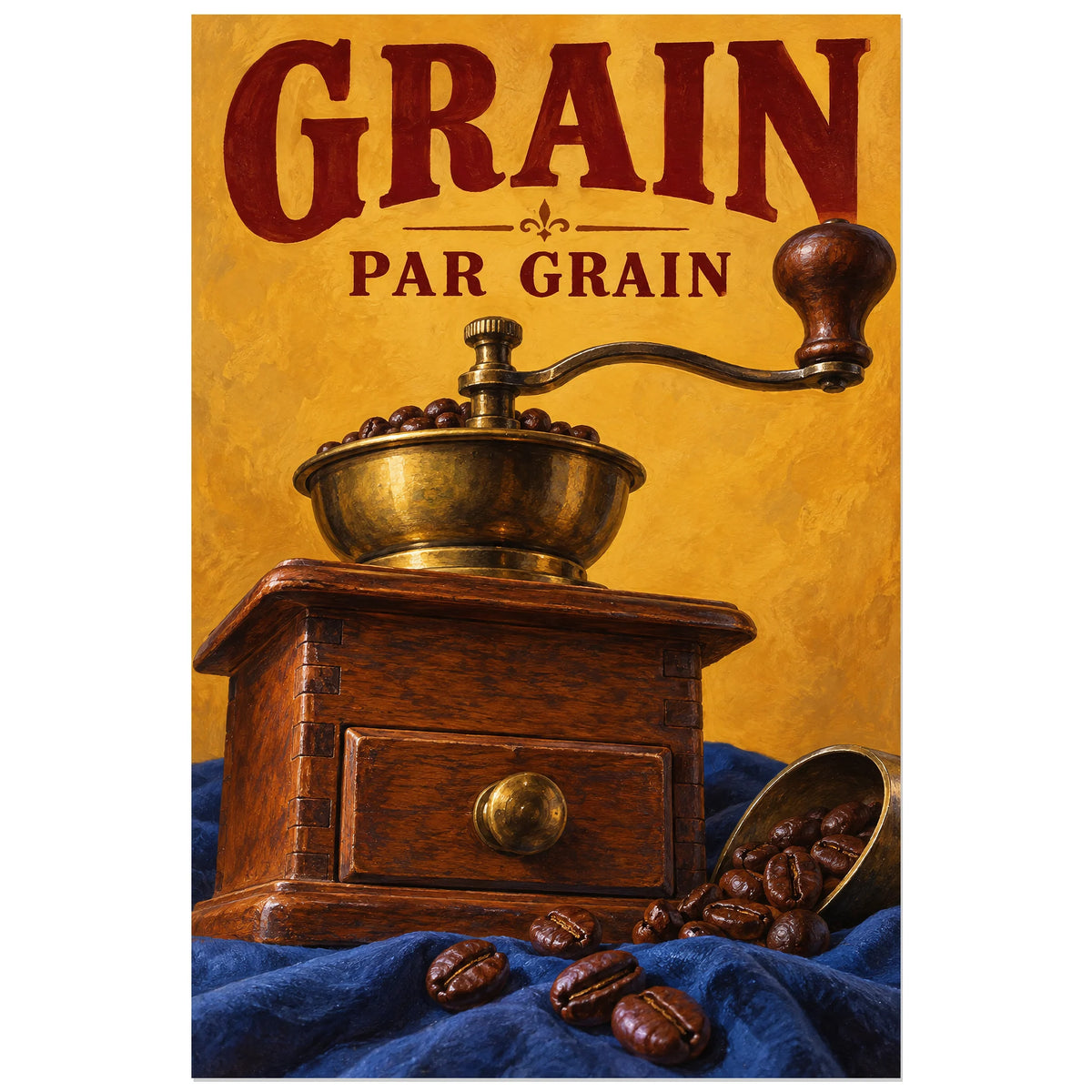 Illustration rétro de moulin à café, manivelle et grains, 60 × 90 cm