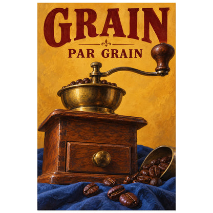 Illustration rétro de moulin à café, manivelle et grains, 60 × 90 cm