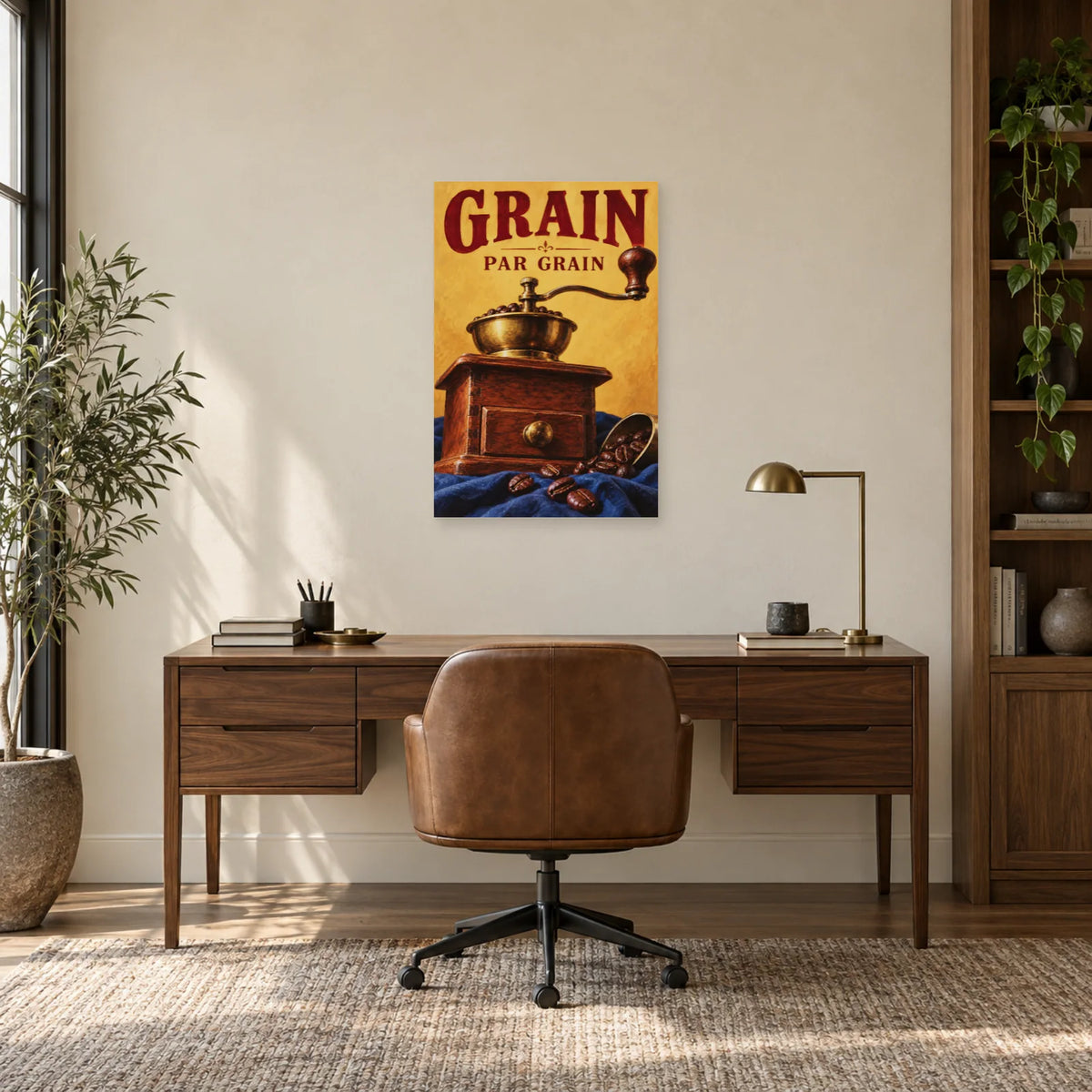 Affiche Moulin à café - Grain par grain dans un bureau - Art Virtuoso
