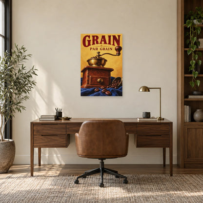 Affiche Moulin à café - Grain par grain dans un bureau - Art Virtuoso